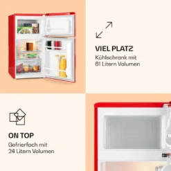Klarstein Monroe Kühl- Und Gefrierkombination Retro Mini-Kühlschrank (61 Liter Volumen, 24 Liter Gefrierfach, 2 Glas-Ablagen, Gemüsefach, 2 Türablagen, 40 DB Leise) Rot -Angebote Herd Liebe Store 07343694ca731ced5a8825f704e488f7