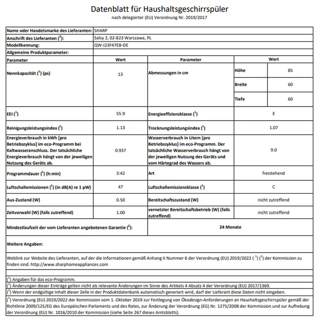 Sharp - QW-I23F47EB-DE - Stand-Geschirrspüler - 60 Cm 10 Sharp - QW-I23F47EB-DE - Stand-Geschirrspüler - 60 Cm - Image 8