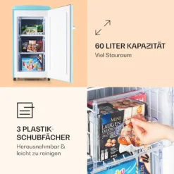 Klarstein Laika 60L Gefrierschrank , 60 Liter , 4-Sterne-Gefrierfach , 3 Schubladen , Temperatur: -18 Bis 0 °C , 5-stufiger Thermostat , 41 DB , Retro-Look -Angebote Herd Liebe Store 18959f56992a5fcb31540b00ab4eb80e