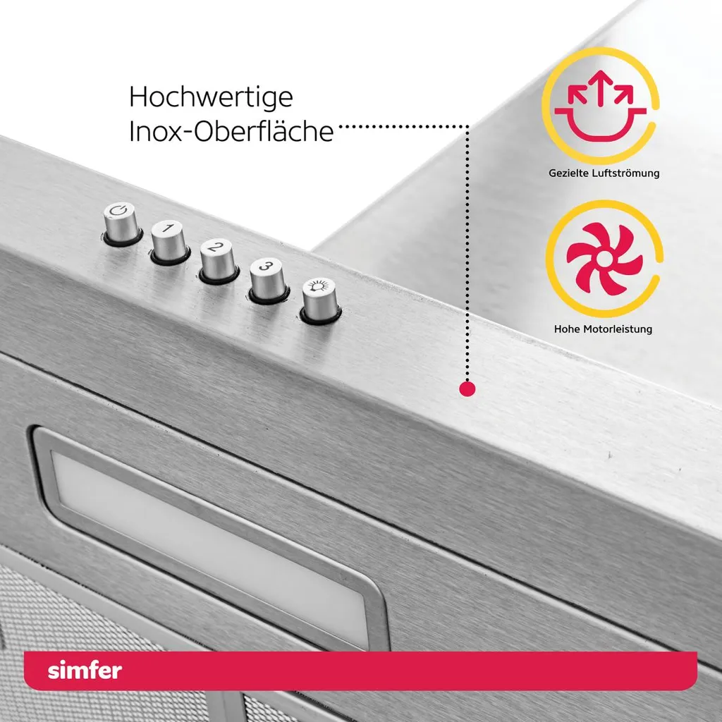 Simfer SMF-CH 8633 Dunstabzugshaube Edelstahl, 60 Cm, 650 M³ /h, Wandhaube, Kaminhaube, Teleskopkamin, Doppelabluftschacht, LED-Beleuchtung 6 Simfer SMF-CH 8633 Dunstabzugshaube Edelstahl, 60 Cm, 650 M³ /h, Wandhaube, Kaminhaube, Teleskopkamin, Doppelabluftschacht, LED-Beleuchtung - Image 4