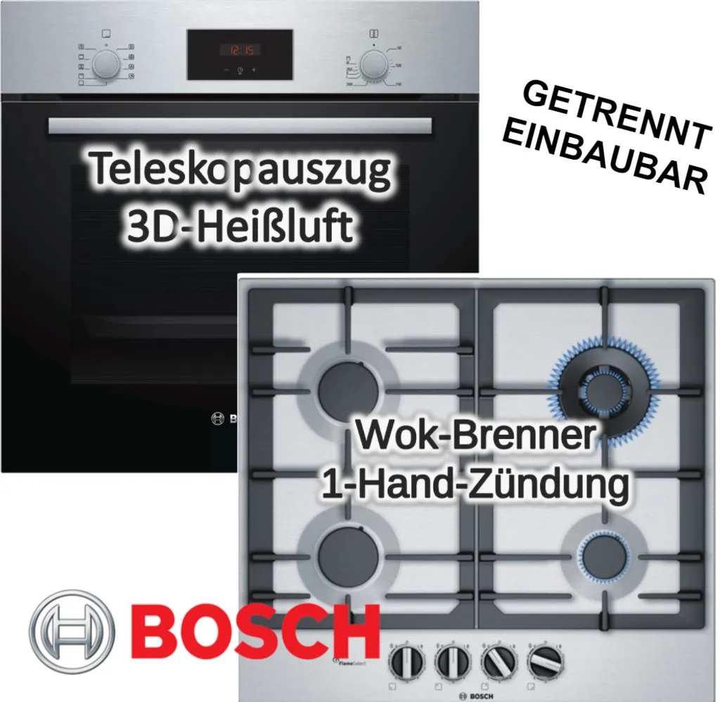 HERDSET Bosch Backofen 2-fach Teleskopauszug Mit Gaskochfeld - Autark, 60 Cm NEU 3 HERDSET Bosch Backofen 2-fach Teleskopauszug Mit Gaskochfeld - Autark, 60 Cm NEU