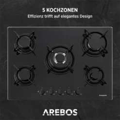 AREBOS Gaskochfeld 5 Flammen, Glaskeramik, Inkl. Topfträger & Zündsicherung, Autark, Geeignet Für Erdgas Oder Propangas, Gasherd, Gaskocher -Angebote Herd Liebe Store 33b0009452529582a548c2566b19de31