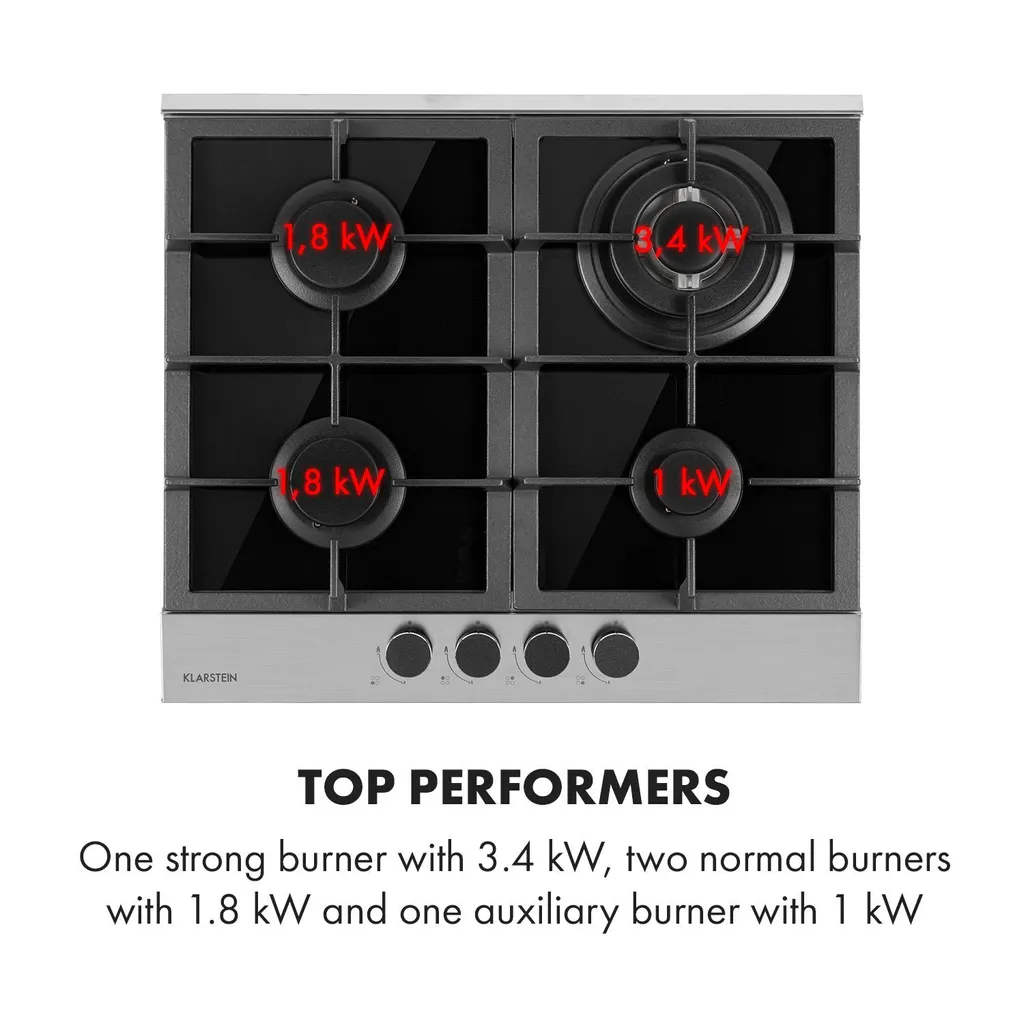 Klarstein Alchemist 4 Zonen Gaskochfeld , 4-flammig , Autark , 58,3 Cm , Einbau , Aluminium-Brenner , Stark-Brenner , Erdgas/Butangas , Edelstahl , Automatische Abschaltung , Topfträger Aus Gusseisen , Glaskeramik , Inkl. Schlauch Und Druckminderer , Schwarz 8 Klarstein Alchemist 4 Zonen Gaskochfeld , 4-flammig , Autark , 58,3 Cm , Einbau , Aluminium-Brenner , Stark-Brenner , Erdgas/Butangas , Edelstahl , Automatische Abschaltung , Topfträger Aus Gusseisen , Glaskeramik , Inkl. Schlauch Und Druckminderer , Schwarz - Image 6