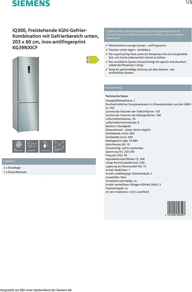 Siemens KG39NXICF IQ300 Kühl-Gefrier-Kombination, 203 X 60 Cm, 260 L Kühlen + 103 L Gefrieren, HyperFresh Längere Frische, NoFrost Nie Wieder Abtauen, AntiFingerprint Schutz Vor Fingerabdrücken 9 Siemens KG39NXICF IQ300 Kühl-Gefrier-Kombination, 203 X 60 Cm, 260 L Kühlen + 103 L Gefrieren, HyperFresh Längere Frische, NoFrost Nie Wieder Abtauen, AntiFingerprint Schutz Vor Fingerabdrücken - Image 7