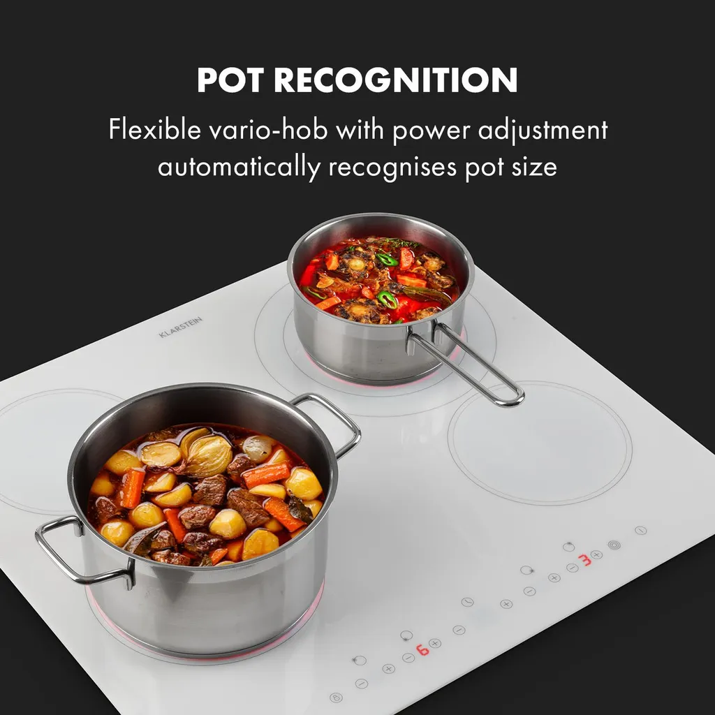 Klarstein Virtuosa 4 Glaskeramik-Kochfeld , Autark , 59 Cm , 4 Zonen: 6500 Watt , Zweifach-Zone , 4 Kochzonen , 9 Stufen , Timer , Rahmenlos , Timer , Kindersicherung , Weiß 6 Klarstein Virtuosa 4 Glaskeramik-Kochfeld , Autark , 59 Cm , 4 Zonen: 6500 Watt , Zweifach-Zone , 4 Kochzonen , 9 Stufen , Timer , Rahmenlos , Timer , Kindersicherung , Weiß - Image 4