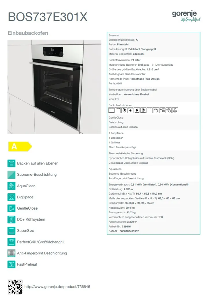HERDSET Gorenje Einbaubackofen Mit Glaskeramikkochfeld - Autark, 80 Cm BräterZone 14 HERDSET Gorenje Einbaubackofen Mit Glaskeramikkochfeld - Autark, 80 Cm BräterZone - Image 12