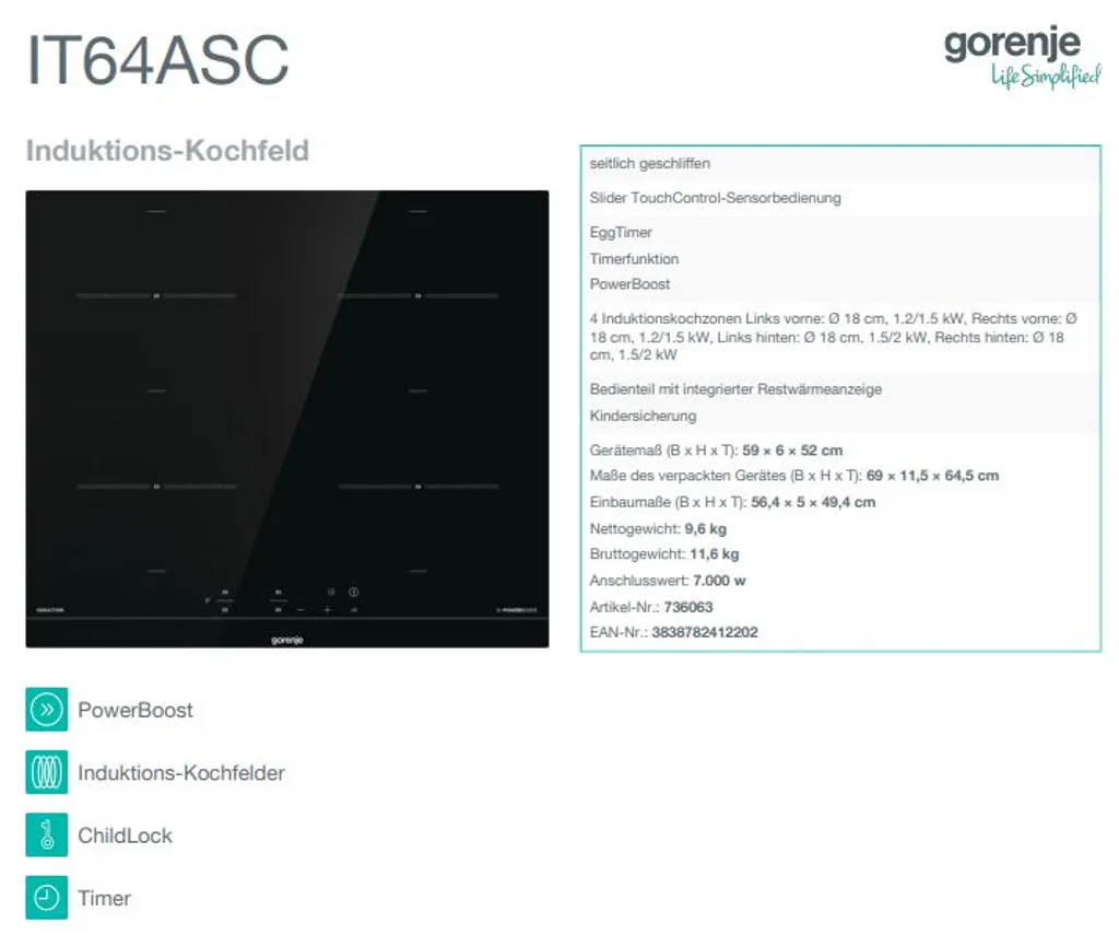 Gorenje IT64ASC Induktions-Kochfeld, 60 Cm, TouchControl 12 Gorenje IT64ASC Induktions-Kochfeld, 60 Cm, TouchControl - Image 10