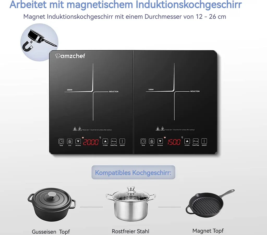 AMZCHEF Induktionskochfeld 2 Platten - 3500W - Induktionskochplatte Mit Sensor-Touch-Steuerung,Timer,3-Stunden-Timer,10 Temperaturstufen 7 AMZCHEF Induktionskochfeld 2 Platten - 3500W - Induktionskochplatte Mit Sensor-Touch-Steuerung,Timer,3-Stunden-Timer,10 Temperaturstufen – Bild 5