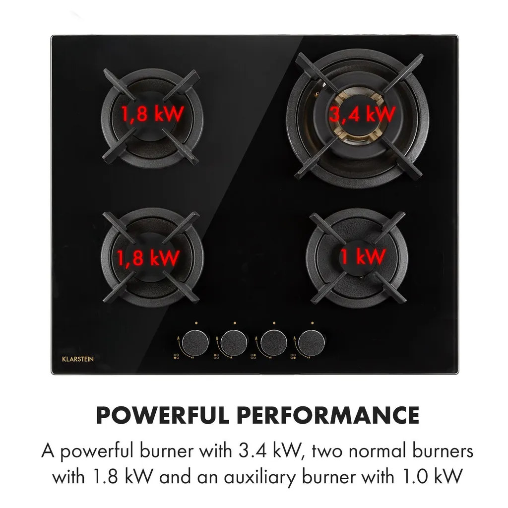 Klarstein Goldflame 4 Gaskochfeld , 4-flammig , Autark , 60 Cm , Einbau , Messing-Brenner , Erdgas/Propangas , Sicherheitsventile , Automatische Abschaltung , Topfträger Aus Gusseisen , Inkl.Schlauch Und Druckminderer , Glaskeramik Ø 8 Mm , Schwarz 8 Klarstein Goldflame 4 Gaskochfeld , 4-flammig , Autark , 60 Cm , Einbau , Messing-Brenner , Erdgas/Propangas , Sicherheitsventile , Automatische Abschaltung , Topfträger Aus Gusseisen , Inkl.Schlauch Und Druckminderer , Glaskeramik Ø 8 Mm , Schwarz - Image 6