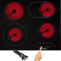 AREBOS Glaskeramikkochfeld, 7200 W, 4 Kochfelder, 59 Cm, Autark, Inkl. Dual-Kochzone Und Bräterzone, Mit Sensor Touch