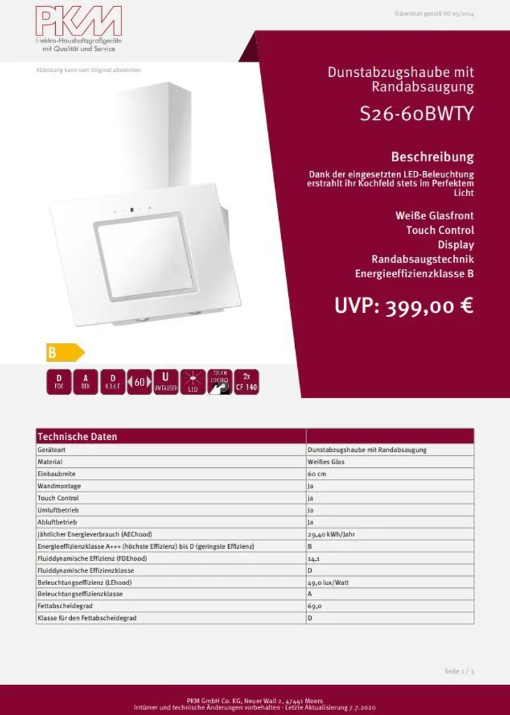 PKM Dunstabzugshaube Mit Randabsaugung Kopffreihaube S26-60BWTY Glas Weiß 60cm 10 PKM Dunstabzugshaube Mit Randabsaugung Kopffreihaube S26-60BWTY Glas Weiß 60cm - Image 8