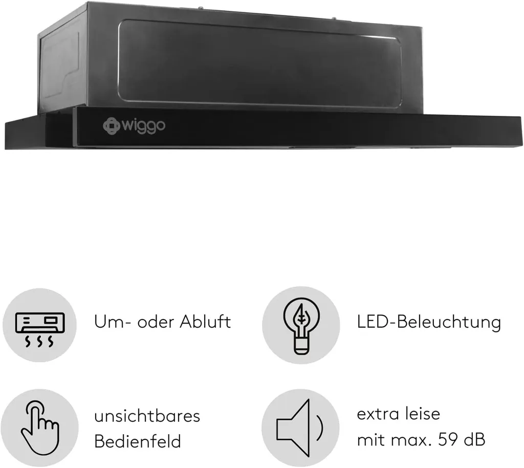Wiggo Dunstabzugshaube 60cm WE-632ER Schwarz I Flachschirmhaube Für Abluft Oder Umluft Dunstabzug 300m³/h Mit LED-Beleuchtung I Einbau-Dunstabzugshaube Inkl. Fettfilter & 2× Kohlefilter 4 Wiggo Dunstabzugshaube 60cm WE-632ER Schwarz I Flachschirmhaube Für Abluft Oder Umluft Dunstabzug 300m³/h Mit LED-Beleuchtung I Einbau-Dunstabzugshaube Inkl. Fettfilter & 2× Kohlefilter - Image 2