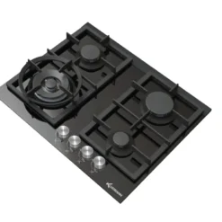 KLUGMANN Design KT604.5BGL 60cm Einbau Vitroceramic Gaskochfeld 4 Brenner, WOK, Sicherung, Gusseisen, Metallknöpfe