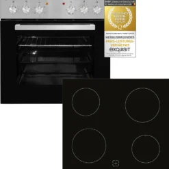 Exquisit EHE 156-2.1-Set Einbau-Herd Glaskeramikkochfeld | Ober-/Unterhitze | Grill | Inox