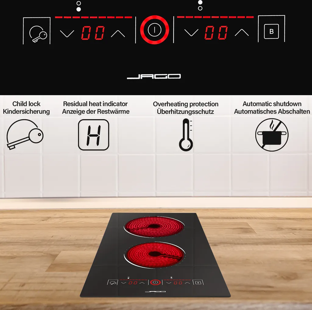 Jago® Glaskeramikkochfeld - Autark, Rahmenlos, 1200/1800 Watt, Für Alle Kochtöpfe, Ø 16/20 Cm, 9 Leistungsstufen, Timer-Automatik, Schwarz - Ceranfeld, Cerankochfeld, Kochfeld, Kochfelder 6 Jago® Glaskeramikkochfeld - Autark, Rahmenlos, 1200/1800 Watt, Für Alle Kochtöpfe, Ø 16/20 Cm, 9 Leistungsstufen, Timer-Automatik, Schwarz - Ceranfeld, Cerankochfeld, Kochfeld, Kochfelder - Image 4