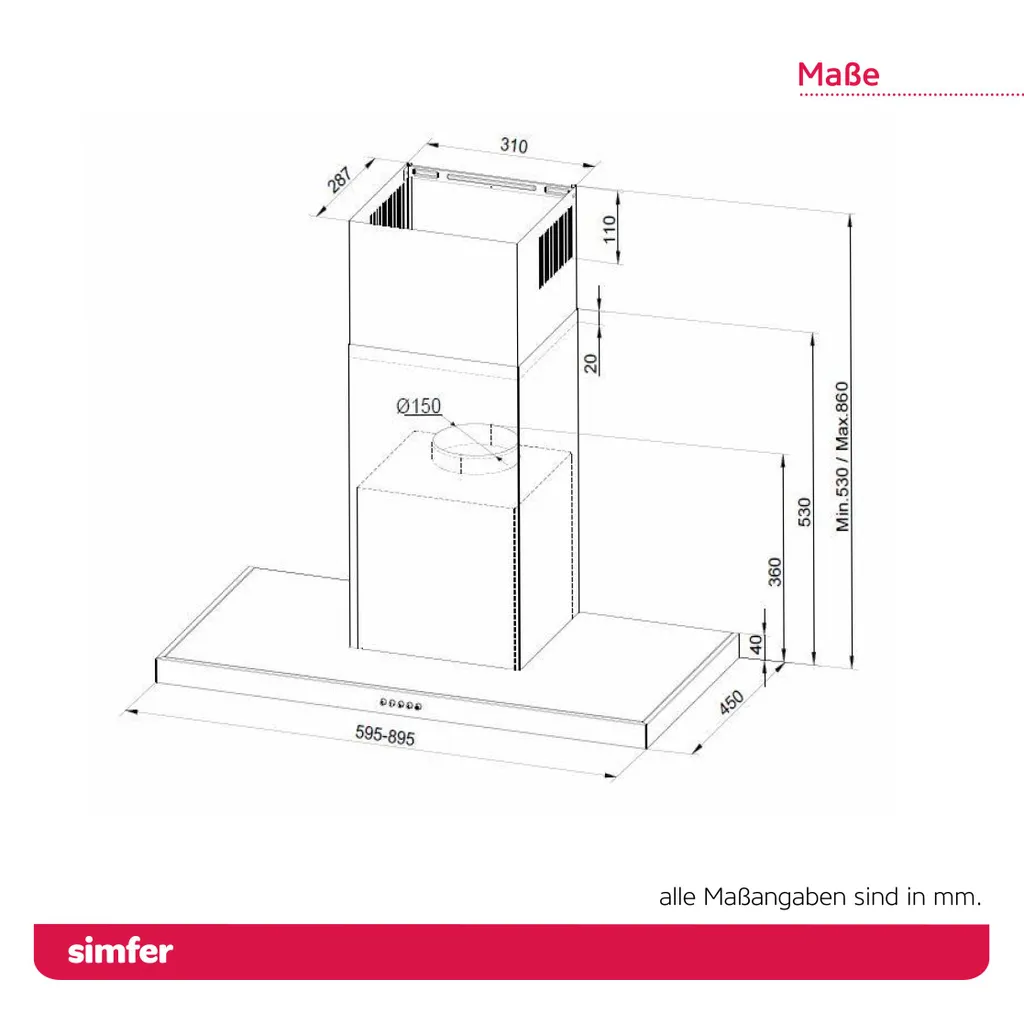 Simfer SMF-CH 8633 Dunstabzugshaube Edelstahl, 60 Cm, 650 M³ /h, Wandhaube, Kaminhaube, Teleskopkamin, Doppelabluftschacht, LED-Beleuchtung 11 Simfer SMF-CH 8633 Dunstabzugshaube Edelstahl, 60 Cm, 650 M³ /h, Wandhaube, Kaminhaube, Teleskopkamin, Doppelabluftschacht, LED-Beleuchtung - Image 9