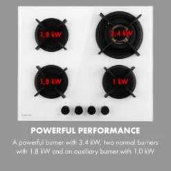 Klarstein Goldflame 4 Gaskochfeld , 4-flammig , Autark , 60 Cm , Einbau , Messing-Brenner , Erdgas/Propangas , Sicherheitsventile , Automatische Abschaltung , Topfträger Aus Gusseisen , Inkl. Schlauch Und Druckminderer , Glaskeramik Ø 8 Mm , Weiß -Angebote Herd Liebe Store 7b7b41f3eac6211606685d53b8b63507