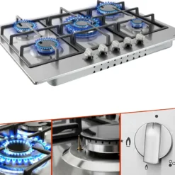 AREBOS Gaskochfeld 5 Flammen, Edelstahl, Inkl. Topfträger & Zündsicherung, Autark, Geeignet Für Erdgas Oder Propangas, Gasherd