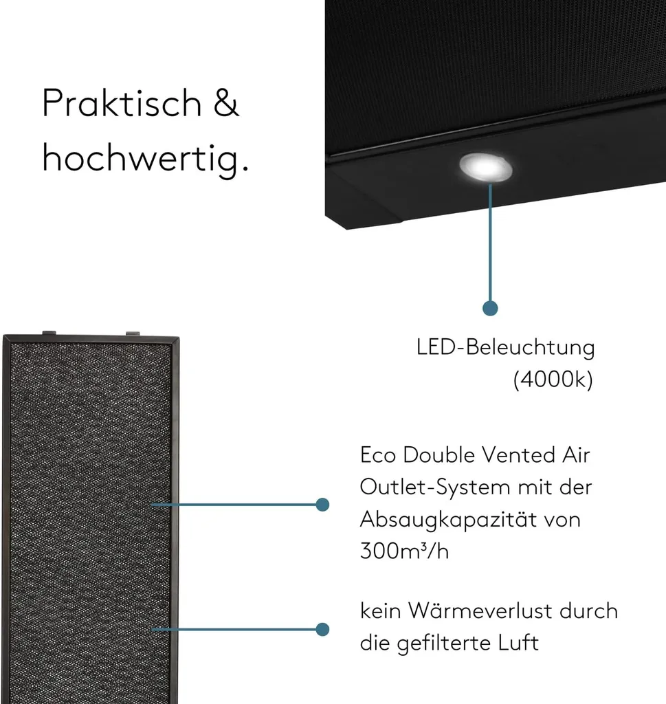 Wiggo Dunstabzugshaube 60cm WE-632ER Schwarz I Flachschirmhaube Für Abluft Oder Umluft Dunstabzug 300m³/h Mit LED-Beleuchtung I Einbau-Dunstabzugshaube Inkl. Fettfilter & 2× Kohlefilter 5 Wiggo Dunstabzugshaube 60cm WE-632ER Schwarz I Flachschirmhaube Für Abluft Oder Umluft Dunstabzug 300m³/h Mit LED-Beleuchtung I Einbau-Dunstabzugshaube Inkl. Fettfilter & 2× Kohlefilter - Image 3