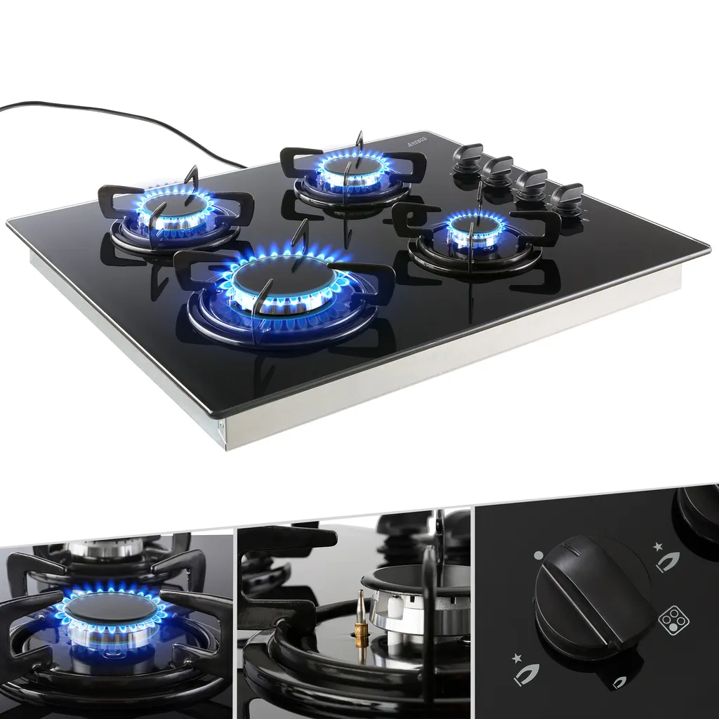 AREBOS Gaskochfeld 4 Flammen, Glaskeramik, Inkl. Topfträger & Zündsicherung, Autark, Geeignet Für Erdgas Oder Propangas, Gasherd 3 AREBOS Gaskochfeld 4 Flammen, Glaskeramik, Inkl. Topfträger & Zündsicherung, Autark, Geeignet Für Erdgas Oder Propangas, Gasherd