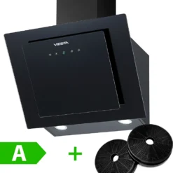 Kopffreie Dunstabzugshaube 230W 60cm VIESTA DH600XA Inkl. Aktivkohlefilter Für Abluft & Umluft, Edelstahl-Schwarzglas Kopffreihaube Wandhaube Mit Touch Control, LED