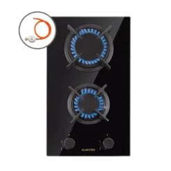 Klarstein Goldflame Domino Gaskochfeld , 2-flammig , Autark , 30 Cm , Einbau , Messing-Brenner , Erdgas/Propangas , Sicherheitsventile , Automatische Abschaltung , Topfträger Aus Gusseisen , Inkl. Schlauch Und Druckminderer , Glaskeramik Ø 8 Mm , Schwarz