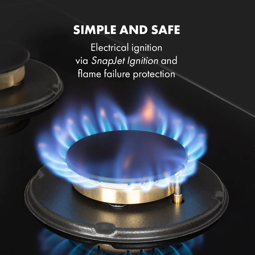 Klarstein Goldflame 4 Gaskochfeld , 4-flammig , Autark , 60 Cm , Einbau , Messing-Brenner , Erdgas/Propangas , Sicherheitsventile , Automatische Abschaltung , Topfträger Aus Gusseisen , Inkl.Schlauch Und Druckminderer , Glaskeramik Ø 8 Mm , Schwarz 7 Klarstein Goldflame 4 Gaskochfeld , 4-flammig , Autark , 60 Cm , Einbau , Messing-Brenner , Erdgas/Propangas , Sicherheitsventile , Automatische Abschaltung , Topfträger Aus Gusseisen , Inkl.Schlauch Und Druckminderer , Glaskeramik Ø 8 Mm , Schwarz - Image 5