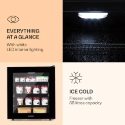 Klarstein IceAge 88 Gefrierschrank 88 Liter - 3 Etagen - Thermostat - Temperaturbereich: 0 Bis -18 °C - Kompressionskühlung - Glasfront -Angebote Herd Liebe Store a09ed7ce52c2053584b54d8b95f7c14f