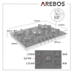 AREBOS Gaskochfeld 5 Flammen, Glaskeramik, Inkl. Topfträger & Zündsicherung, Autark, Geeignet Für Erdgas Oder Propangas, Gasherd, Gaskocher -Angebote Herd Liebe Store a324e127e20fe98606ae549bd90c57aa