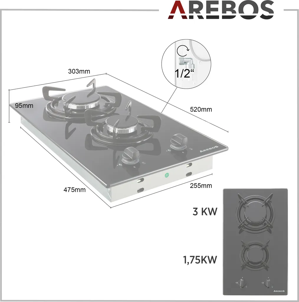 AREBOS Gaskochfeld 2 Flammen, Glaskeramik, Inkl. Topfträger & Zündsicherung, Autark, Geeignet Für Erdgas Oder Propangas, Gasherd 12 AREBOS Gaskochfeld 2 Flammen, Glaskeramik, Inkl. Topfträger & Zündsicherung, Autark, Geeignet Für Erdgas Oder Propangas, Gasherd - Image 10