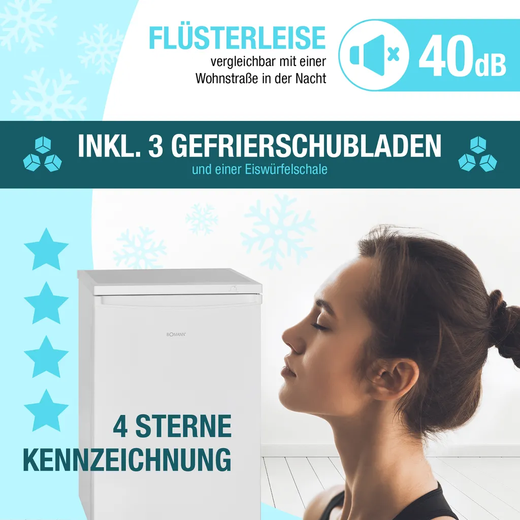 Bomann® Gefrierschrank, 85 Liter Nutzinhalt, Gefrierschrank Klein Mit 3 Gefrierschubladen U. Eiswürfelschale, Mini Fridge Mit Stufenloser Temperaturreglung, Türanschlag Wechselbar - GS 2186.1, Weiß 6 Bomann® Gefrierschrank, 85 Liter Nutzinhalt, Gefrierschrank Klein Mit 3 Gefrierschubladen U. Eiswürfelschale, Mini Fridge Mit Stufenloser Temperaturreglung, Türanschlag Wechselbar - GS 2186.1, Weiß - Image 4