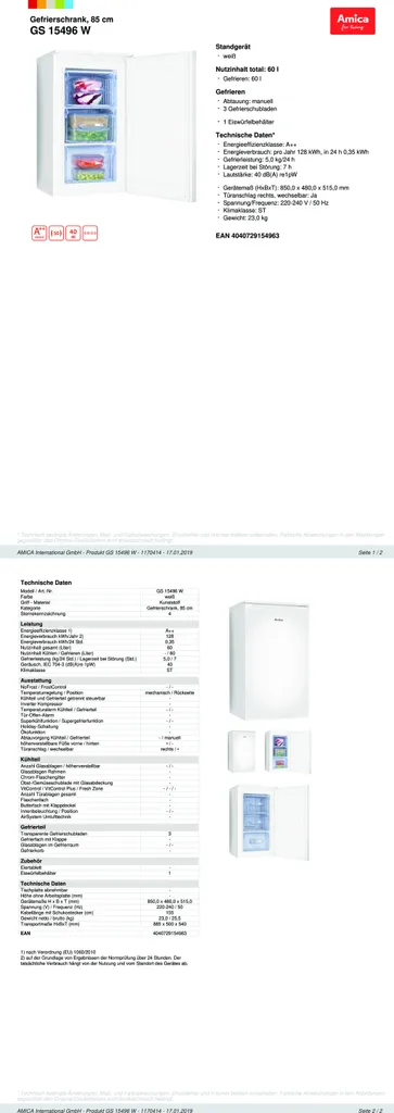 Amica GS 15496 W, Gefrierschrank, 85 Cm Höhe, Weiß, 14 Amica GS 15496 W, Gefrierschrank, 85 Cm Höhe, Weiß, - Image 12