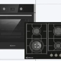 Klugmann Gasherd-Set KO608.5TCX+KT600B5, Mit 1-fach-Teleskopauszug, Einbaubackofen Design Hochwertige Qualität KO608.5TCX Autark 60cm, 3D Heißluft, Grill-/Brat-System, Timer, 68L, Touch, Edelstahl, Teleskop-Vollauszug, Aqualystic Easy-To-Clean Emaille, Anti-Fingerprint, Von 0 °C Bis 285 °C