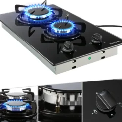 AREBOS Gaskochfeld 2 Flammen, Glaskeramik, Inkl. Topfträger & Zündsicherung, Autark, Geeignet Für Erdgas Oder Propangas, Gasherd