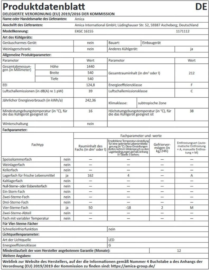 Amica EKGC 16155 Einbau-Kühl-Gefrierkombination - 144er Nische, Schlepptür-Technik 6 Amica EKGC 16155 Einbau-Kühl-Gefrierkombination - 144er Nische, Schlepptür-Technik - Image 4