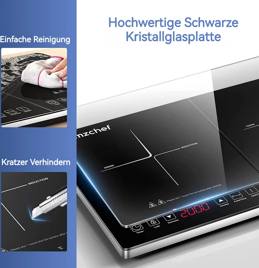 AMZCHEF Induktionskochfeld 2 Platten - 3500W - Induktionskochplatte Mit Sensor-Touch-Steuerung,Timer,3-Stunden-Timer,10 Temperaturstufen 6 AMZCHEF Induktionskochfeld 2 Platten - 3500W - Induktionskochplatte Mit Sensor-Touch-Steuerung,Timer,3-Stunden-Timer,10 Temperaturstufen – Bild 4