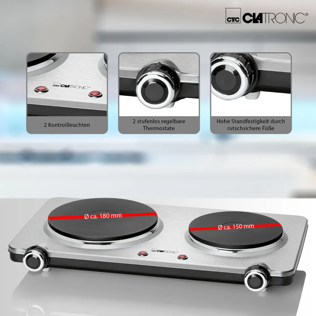 CLATRONIC Doppelkochplatte DKP 3668 Edelstahl Herdplatte Kochplatte 1000/1500W 7 CLATRONIC Doppelkochplatte DKP 3668 Edelstahl Herdplatte Kochplatte 1000/1500W - Image 5