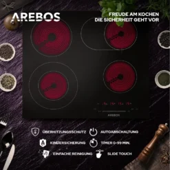 AREBOS Glaskeramikkochfeld, 7200 W, 4 Kochfelder, 59 Cm, Autark, Inkl. Dual-Kochzone Und Bräterzone, Mit Sensor Touch -Angebote Herd Liebe Store e4019621233368baf4103d519ca837ea